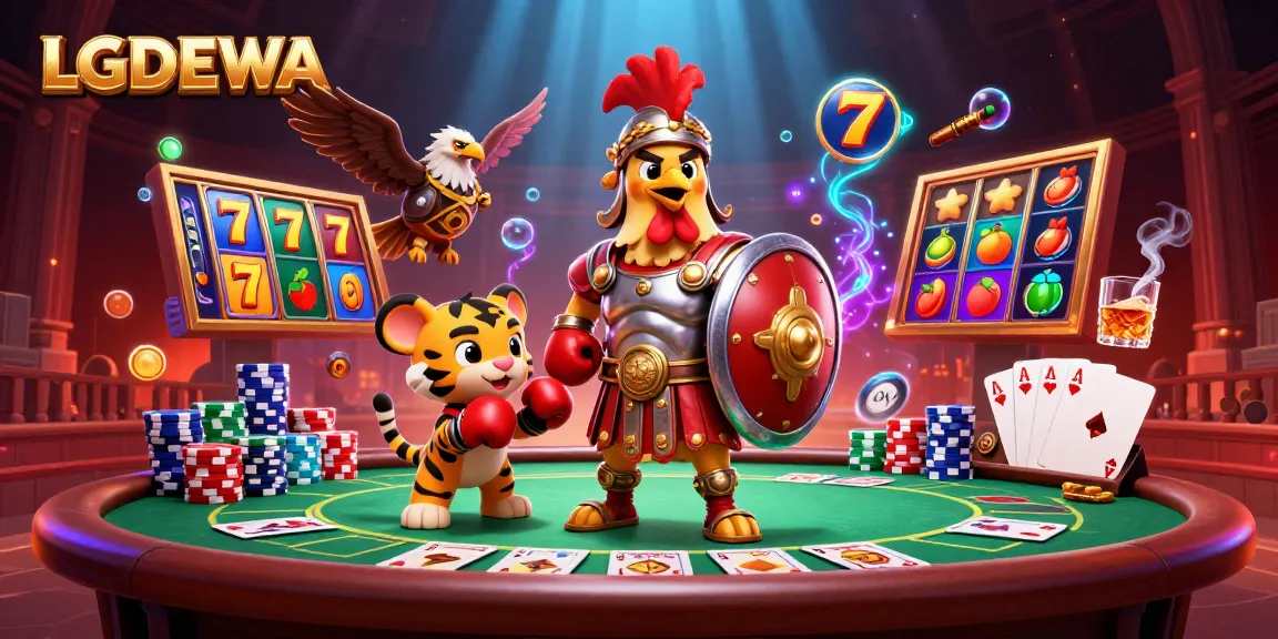 Engage in thrilling slots with LGODEWA's vibrant gameplay featuring a rooster gladiator and sparring cub.