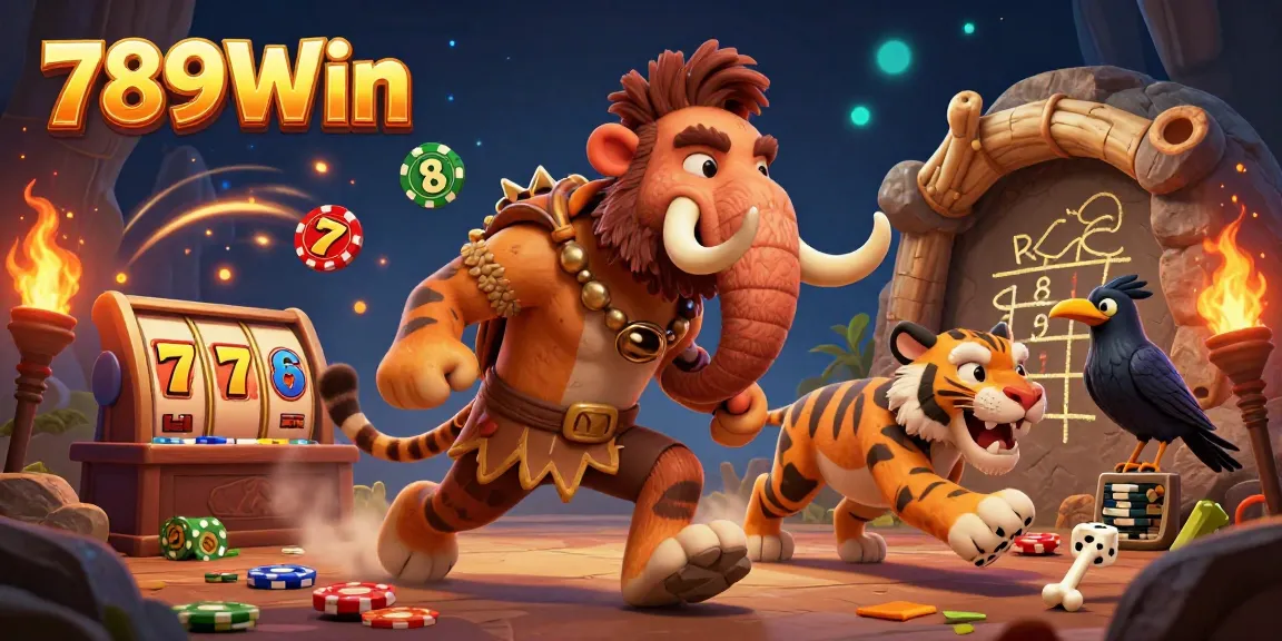 Experience thrilling gaming at 789Win with dynamic slot machines and engaging prehistoric casino scenes.