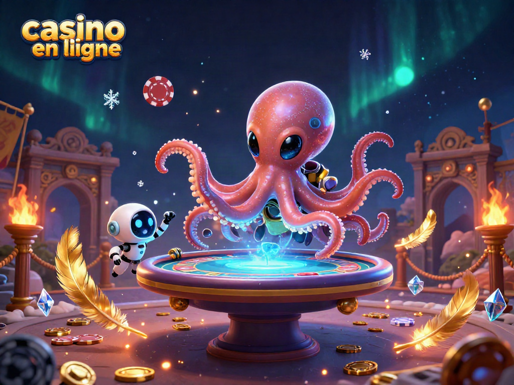 Découvrez le monde du casino en ligne avec cet octopus extraterrestre jouant au poker dans un décor vibrant.