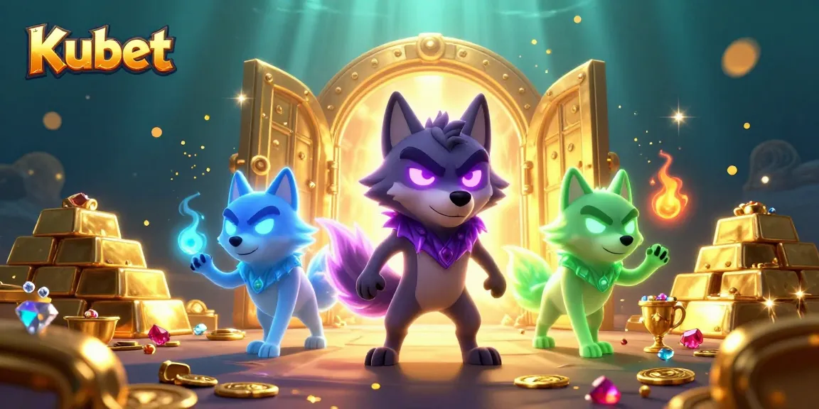 Kubet showcases a glowing wolf pack leader in an ultra-detailed 3D casino scene filled with treasures.