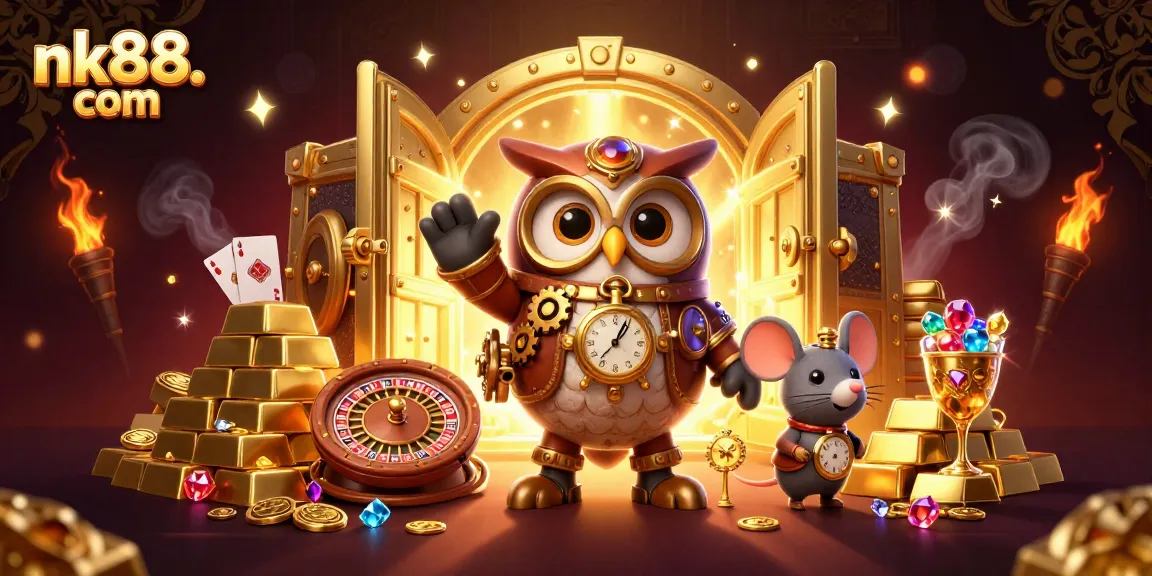 Experience thrills at nk88. com with an exciting 3D casino adventure featuring time-traveling characters and dynamic gaming elements.