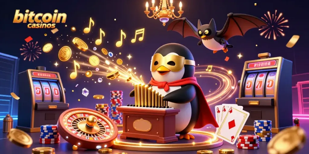 Experience the thrill of bitcoin casinos with a penguin organist and acrobatic bat in this vibrant illustration.