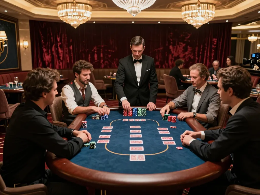 Playing a strategic poker hand in a luxurious fabet gaming room, showcasing elegant decor and intense focus.