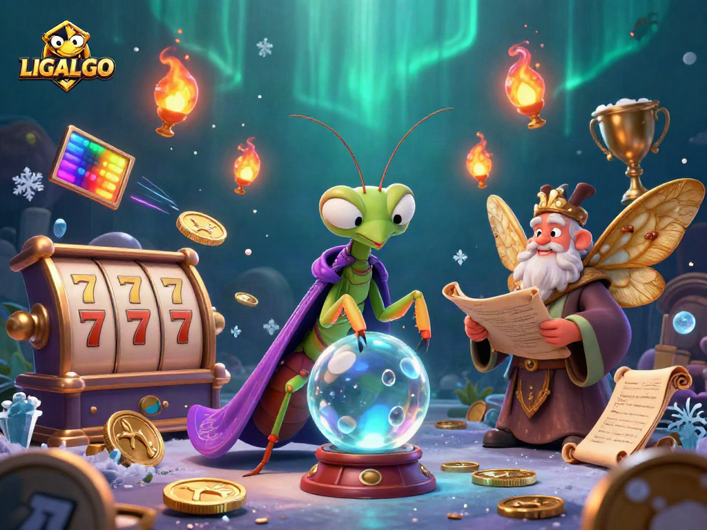 LIGALGO portrays a lively scene with a fortune teller, librarian, and magical elements in a vibrant casino setting.