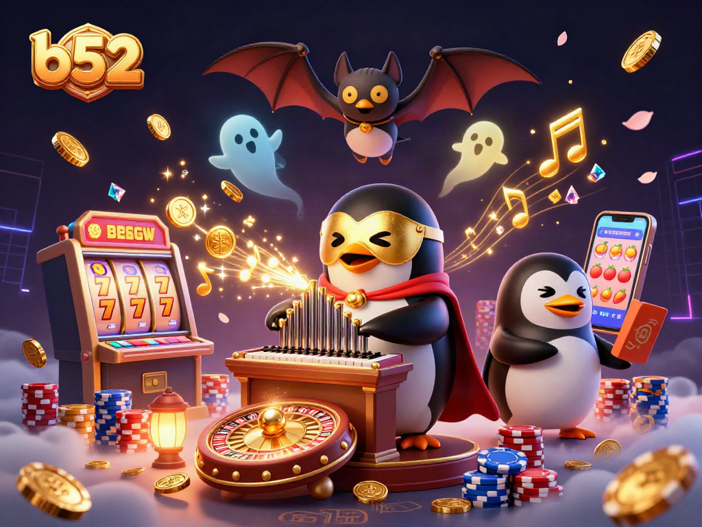B52-themed casino illustration showcasing vibrant characters and gaming elements dynamically interacting.