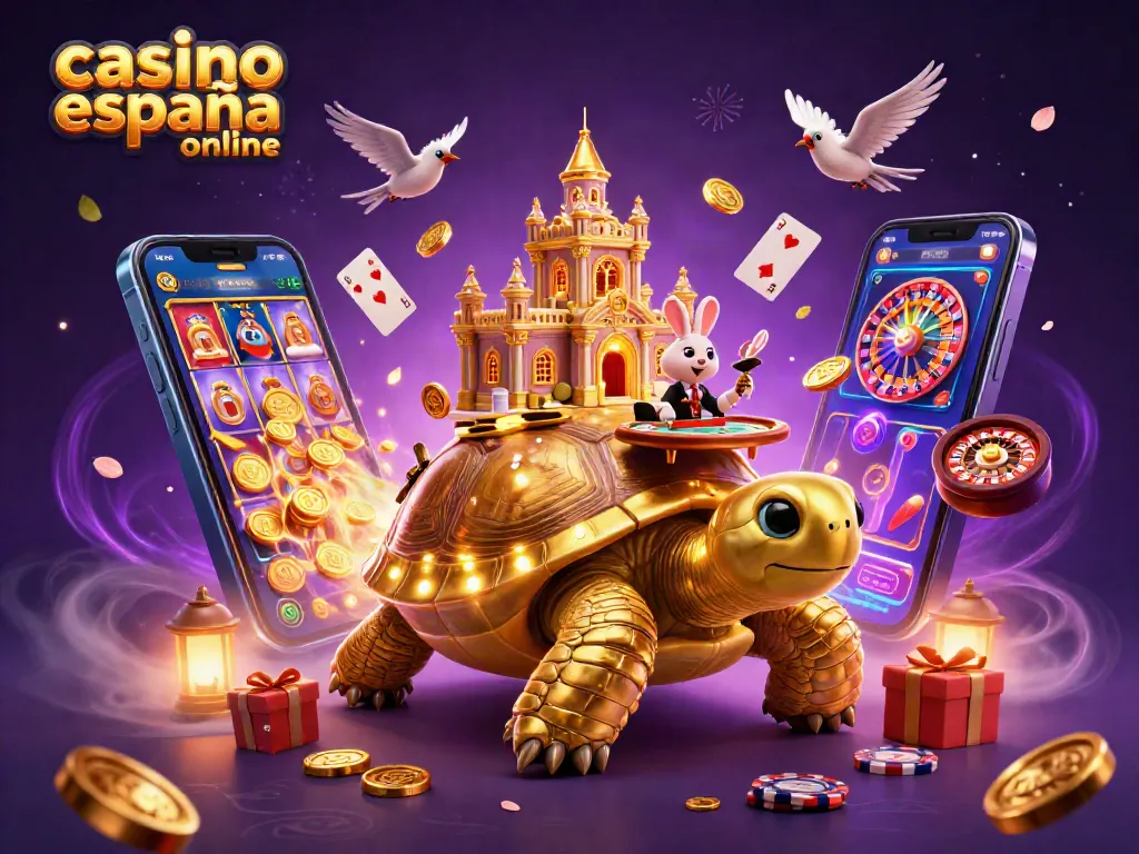 Juega en el casino españa online con la tortuga dorada y un crupier con cartas, rodeado de monedas brillantes.