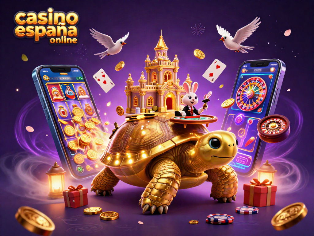 Juega en el casino españa online con la tortuga dorada y un crupier con cartas, rodeado de monedas brillantes.