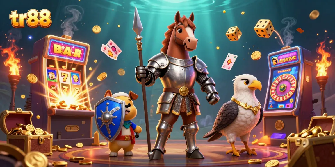 Experience jackpot thrills with tr88 in this vibrant casino-inspired illustration featuring knights and games.