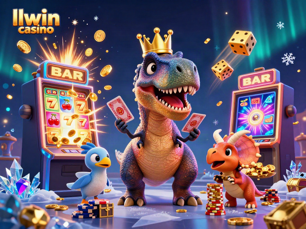 Experience the thrill of 'llwin casino' through a fun 3D scene featuring whimsical Dino characters and dynamic jackpot action.