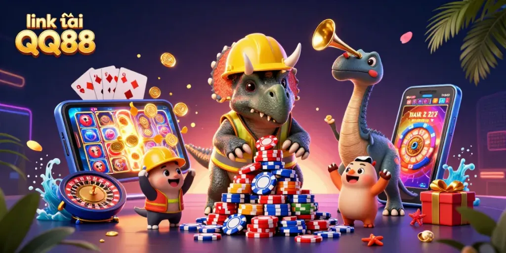 Experience excitement with link vào QQ88 as cartoon dinosaurs build poker chip towers in a vibrant casino.
