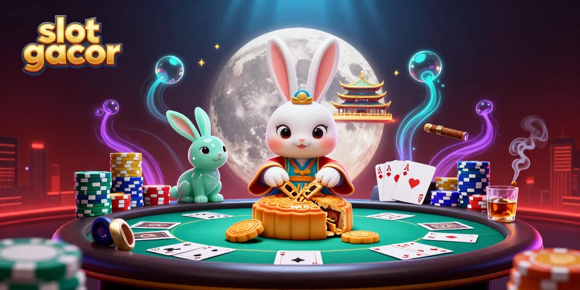Experience slot gacor with a dynamic moon scene featuring poker chips and vibrant casino elements.