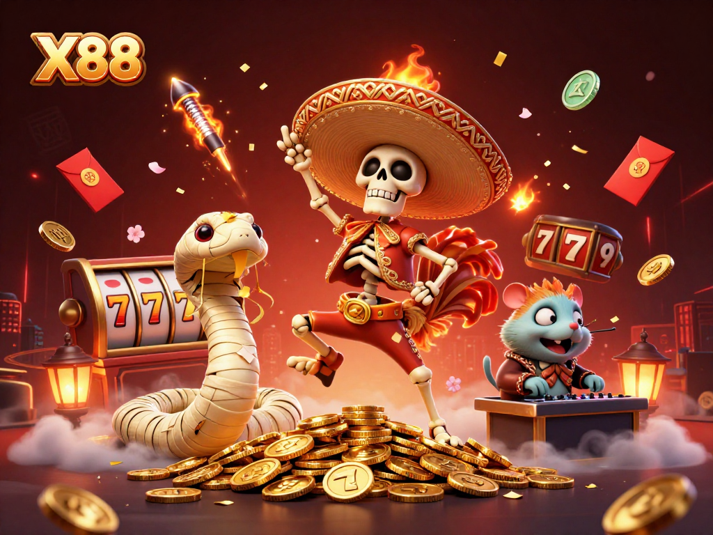 X88 offers an extravagant casino experience with vibrant characters and dynamic symbols like slot reels and lucky coins.