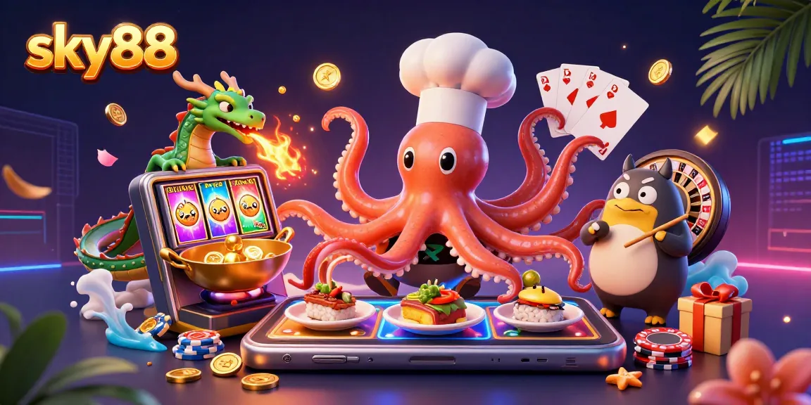 Engage in thrilling gameplay with sky88 as the octopus chef preps golden slot machine dishes.
