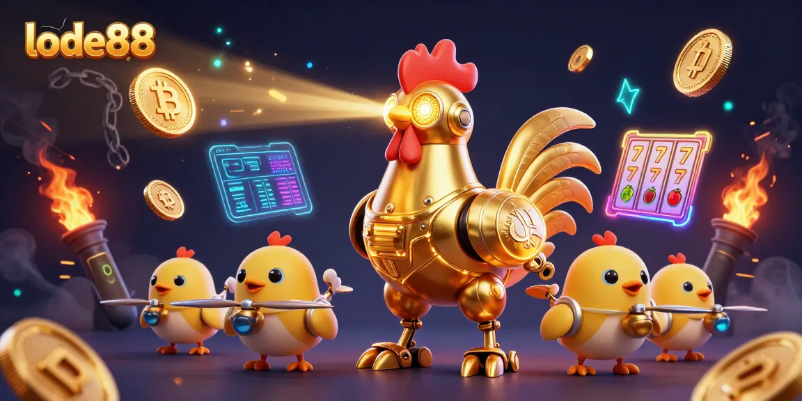 Engage with the thrilling world of lode88, featuring a golden rooster robot and crypto coins in action.
