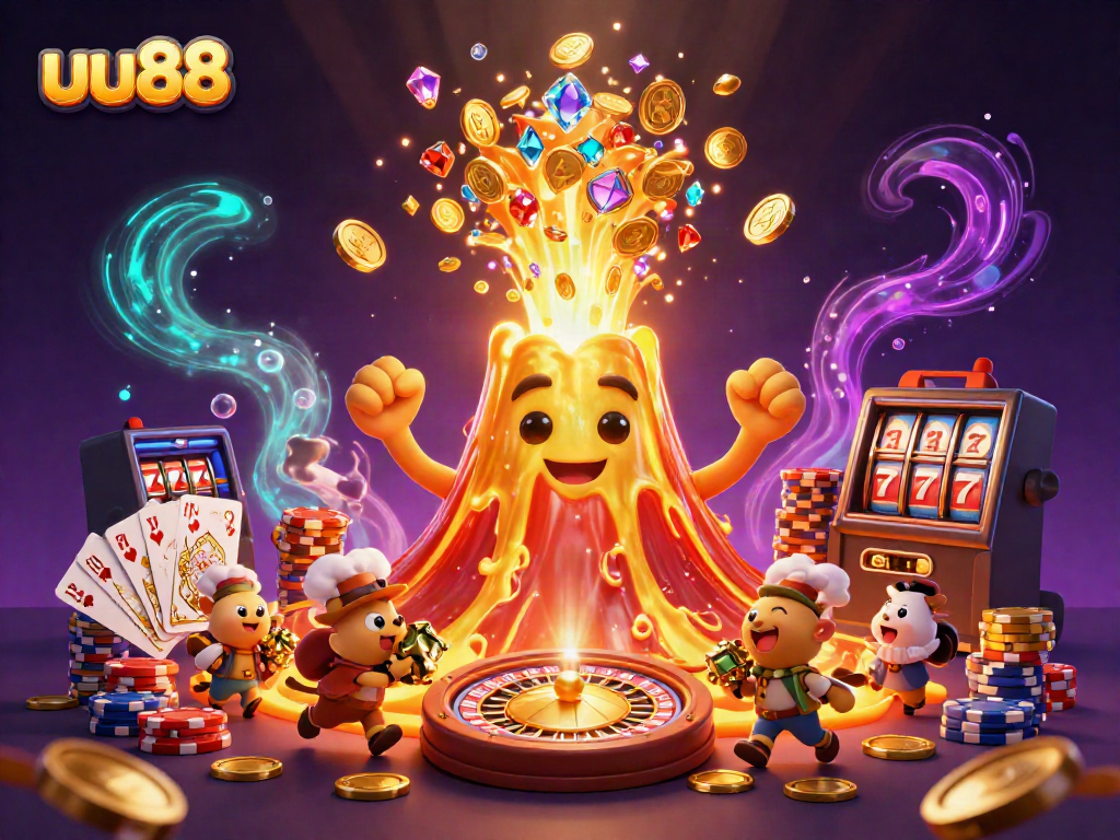 Experience thrilling treasures with uu88 as a golden volcano erupts, releasing coins while explorers gather riches.