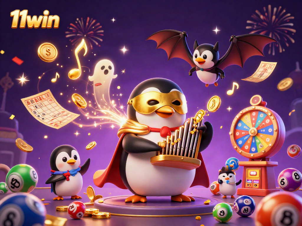 Experience the thrill of 11win as a phantom penguin evokes winning joy amidst colorful casino elements.