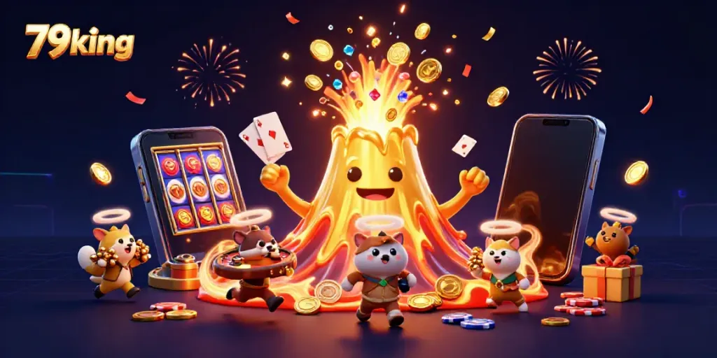 Fleeing treasure animals and a triumphant volcanic eruption surround a vibrant 79king gaming scene filled with coins and games.