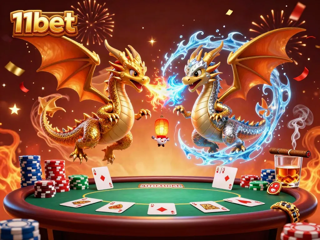 Experience thrilling action with 11bet's dynamic casino scene featuring golden and silver dragons infused in fiery and icy gameplay.