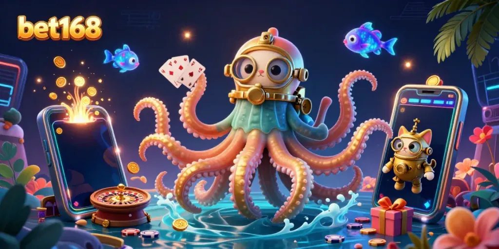 Engage with bet168's thrilling gaming scene featuring a vibrant kraken, diving cat, and treasure elements.