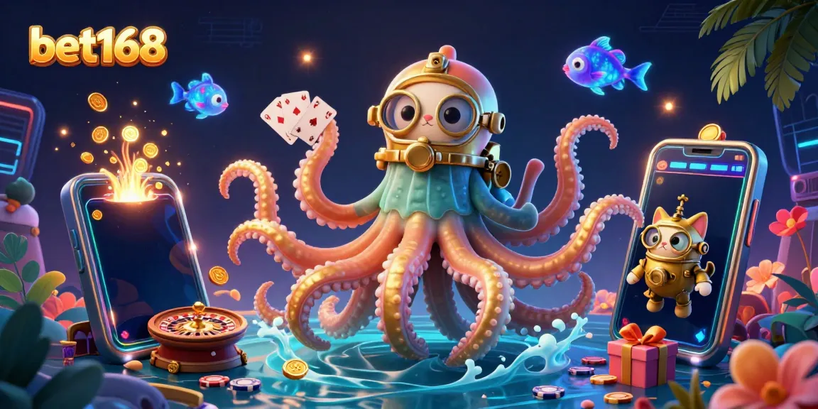 Engage with bet168's thrilling gaming scene featuring a vibrant kraken, diving cat, and treasure elements.
