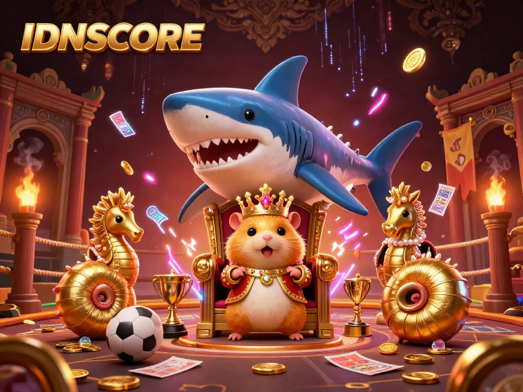 Experience thrilling sports betting adventures with IDNSCORE featuring a hamster king and vibrant betting elements.