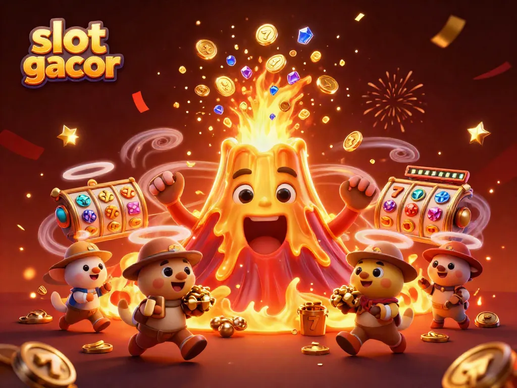 Experience the thrill of slot gacor with a vibrant scene of a golden volcano and treasure-filled animals.
