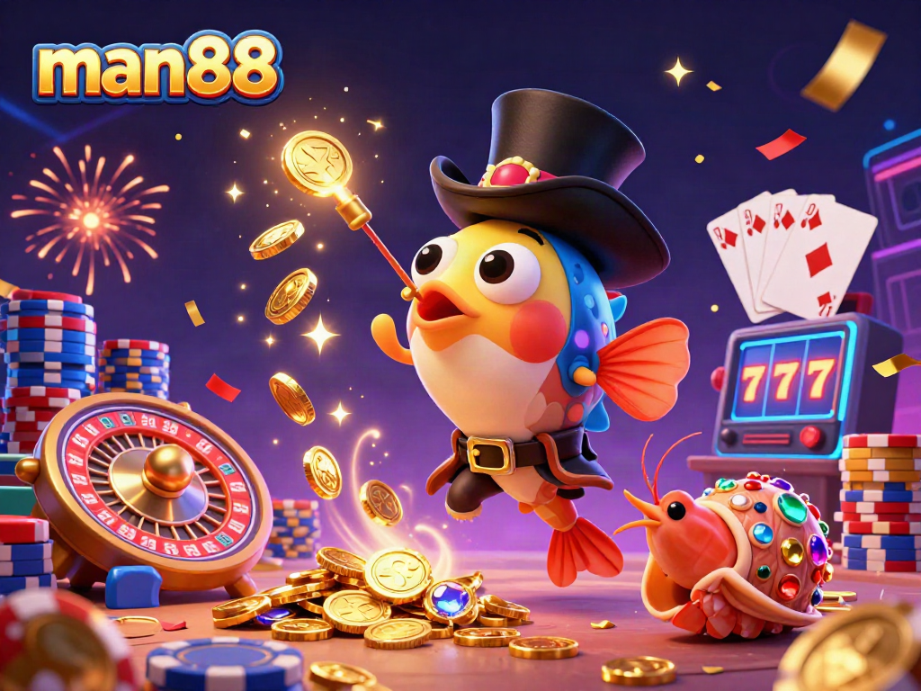Win big with man88 as the anglerfish lures golden coins in this vibrant 3D casino scene.