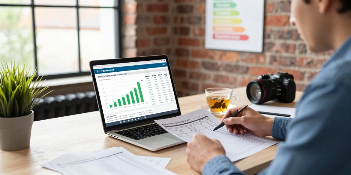 Business owner analyzing business electricity VAT rate and energy bills in a modern office setting, promoting fiscal responsibility.