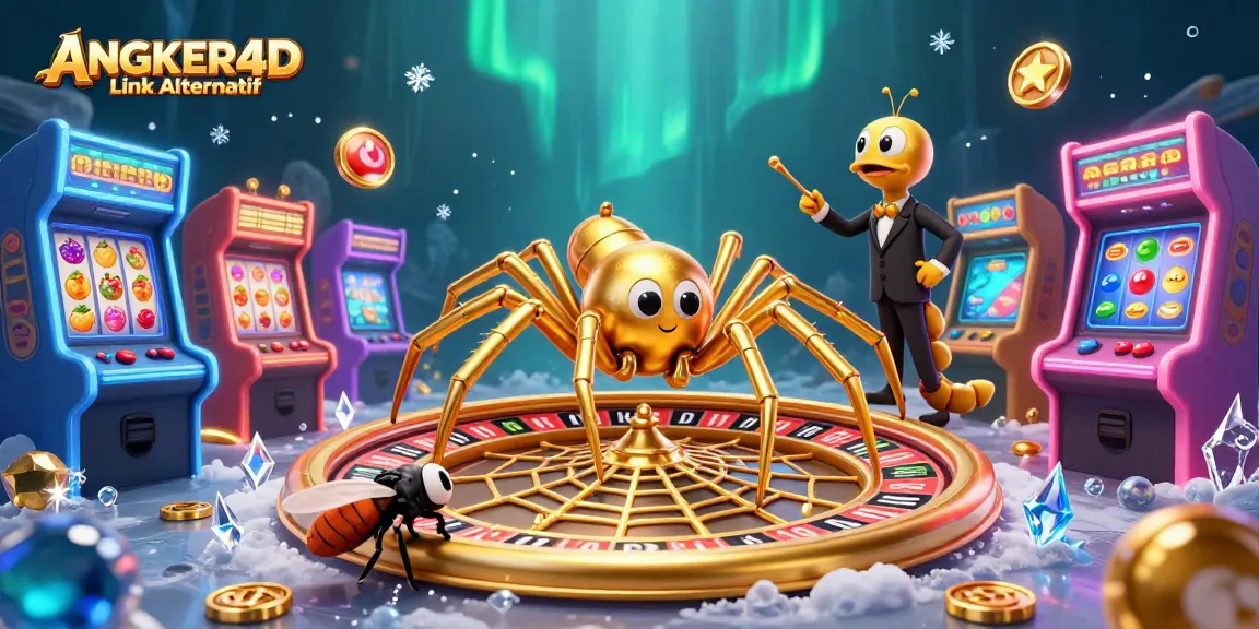 Place bets with ANGKER4D Link Alternatif in this vibrant 3D casino illustration filled with gaming elements.