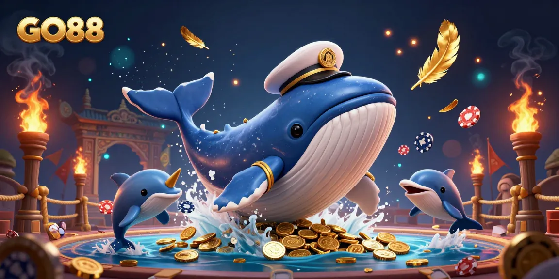Engage in thrilling gameplay with GO88, featuring a cartoon whale and whimsical casino elements.