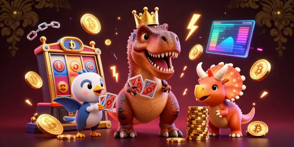 Experience the thrill of xoso66 with friendly dinosaur characters shuffling cards and stacking chips in a vibrant casino scene.