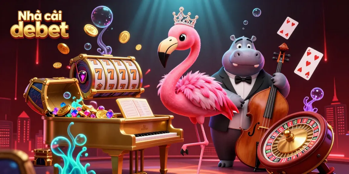 Experience the vibrant energy of Nhà cái debet with a lively flamingo singer and hippo bassist in this colorful 3D casino scene.
