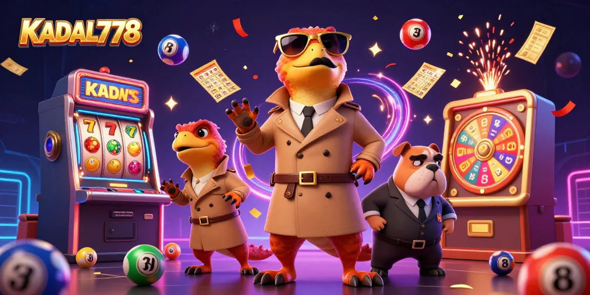 KADAL778 raptors in a trench coat entering a casino with colorful casino elements and celebration effects.