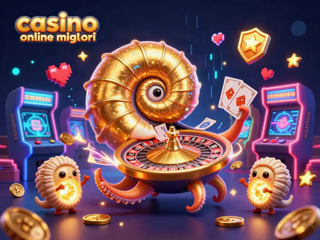 I migliori casino online presentano un nautilo gigante e giochi arcade dinamici in un'illustrazione vibrante.