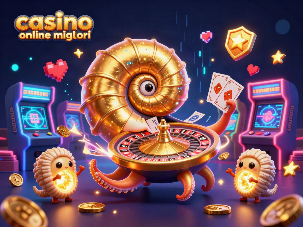 I migliori casino online presentano un nautilo gigante e giochi arcade dinamici in un'illustrazione vibrante.