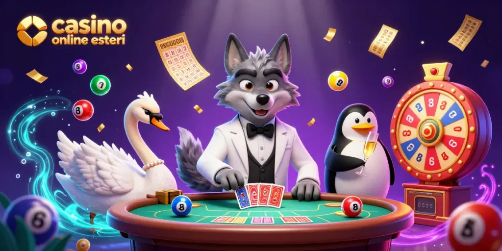 Gioca nei casino online esteri con un lupo elegante al tavolo da baccarat e un cigno che distribuisce carte.