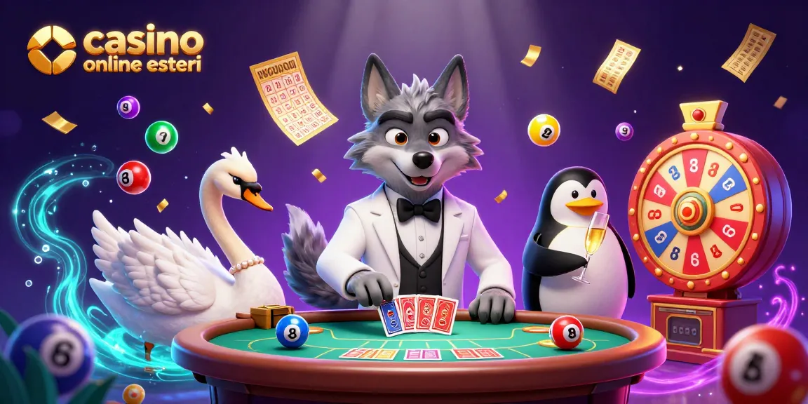 Gioca nei casino online esteri con un lupo elegante al tavolo da baccarat e un cigno che distribuisce carte.