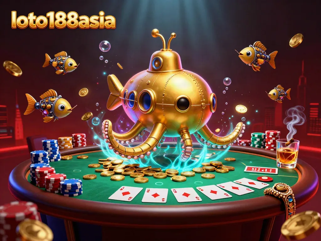 Engage with loto188asia's golden kraken submarine in a vibrant poker scene filled with dynamic elements.