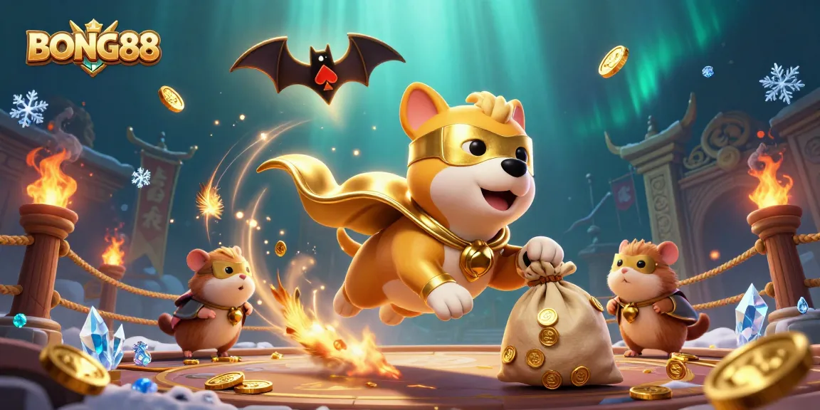 BONG88 delivers thrilling casino excitement with a superhero dog, dazzling coins, and poker elements.