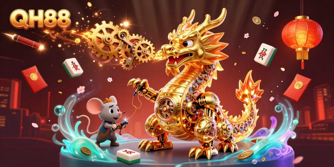 Engage in thrilling games at QH88 with a cinematic illustration featuring a golden dragon and vibrant casino elements.