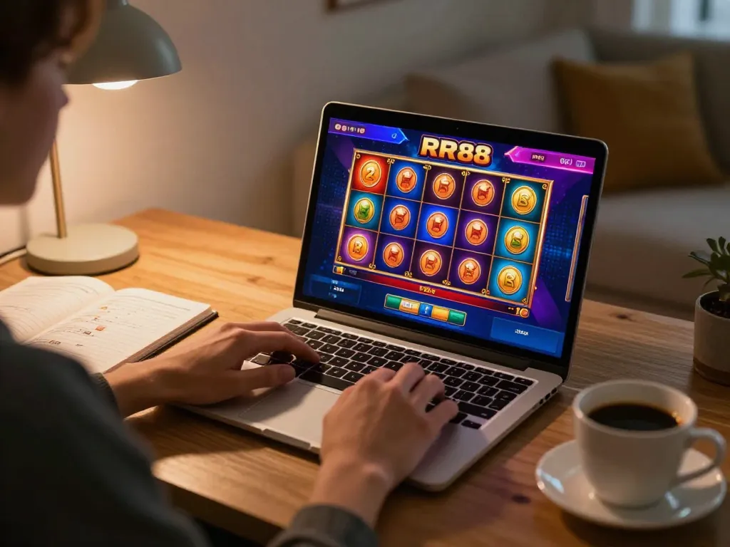 Player engaging in RR88 online casino at home, enjoying vibrant slot games and strategic notes.