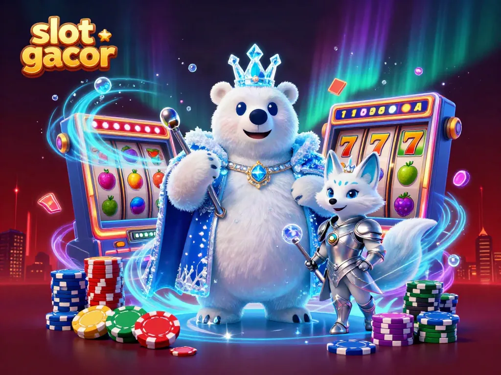 Engage with slot gacor excitement featuring a cartoon ice king and fox amidst lively slot machines.