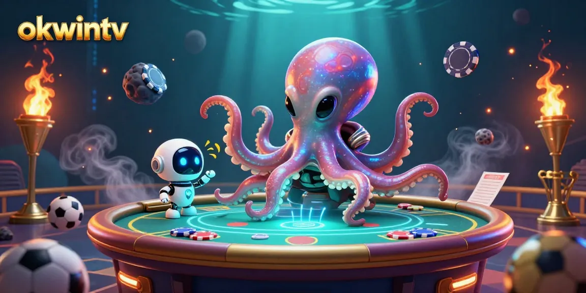 Experience sports betting action with okwintv's alien octopus at a holographic poker table, vibrant and engaging.