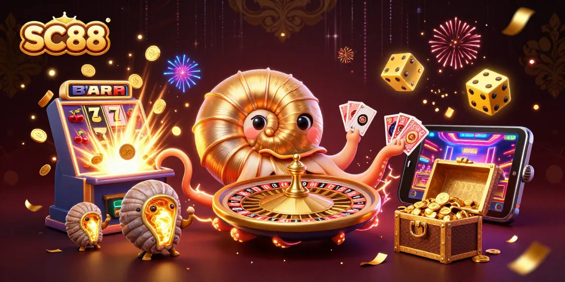 Spin the SC88 roulette with a giant nautilus, overflowing treasures, and vibrant casino elements.