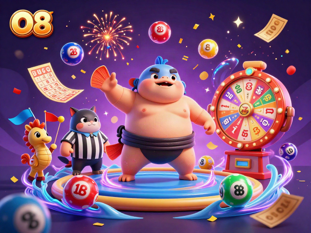 O8 casino scene with a blowfish and catfish in a vibrant lottery-themed underwater setting.