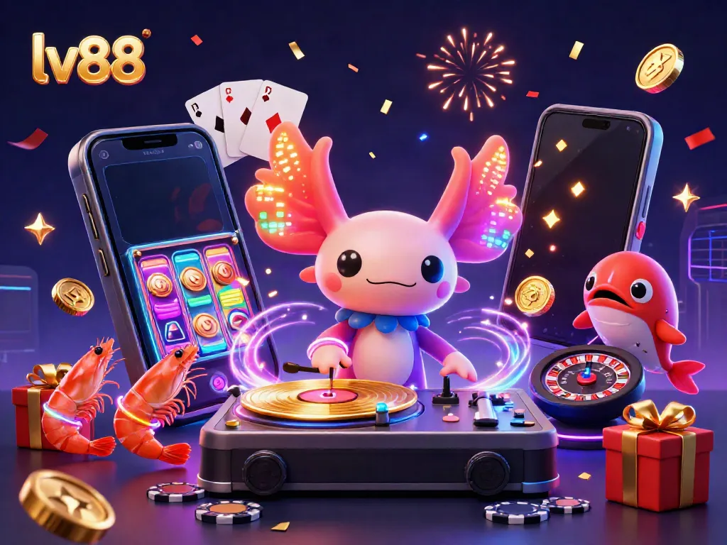 Experience gaming joy at lv88 with a vibrant DJ axolotl and colorful casino elements.