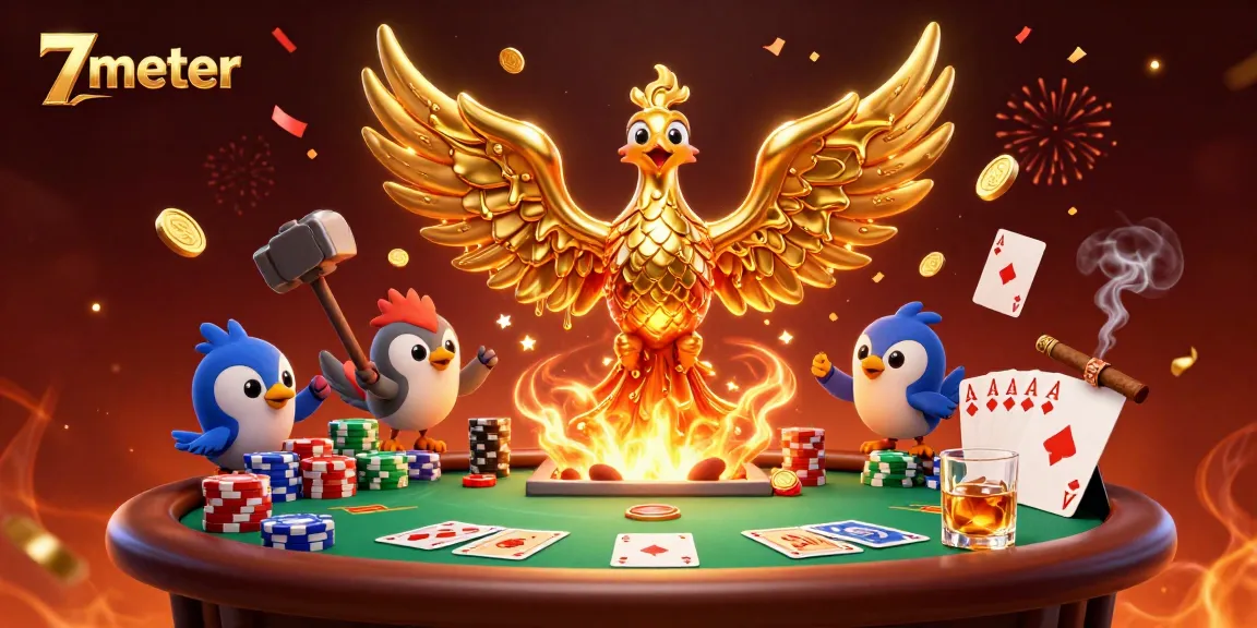 Experience thrilling bets with 7meter at a vibrant poker table surrounded by golden phoenix elements.