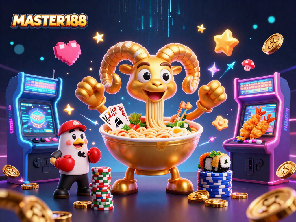 Experience the thrilling action at MASTER188, where playful characters and vibrant casino elements create an engaging gaming atmosphere.