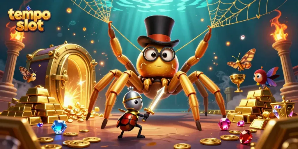 Mengalami permainan di tempo slot dengan ilustrasi 3D menakjubkan, tarantula emas raksasa dan ksatria kecil beraksi.