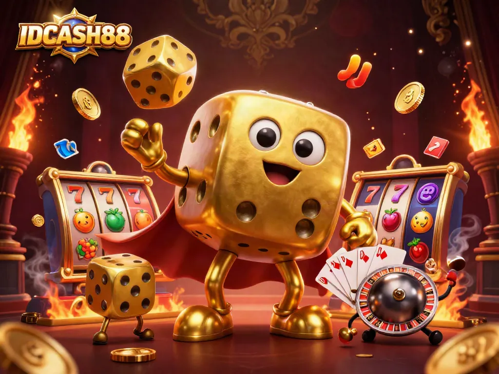 Engage with exciting slots adventures at IDCASH88, featuring vibrant golden dice and dynamic game elements.